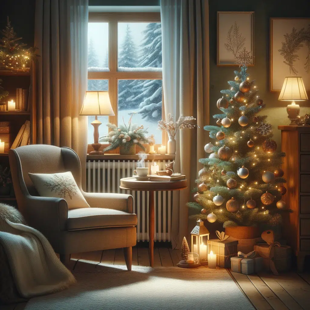 Serene setting with Christmas tree, cozy chair, and view of snow-covered trees; Holiday Season Strategies