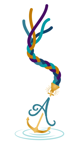 The Ancorio "A" design featuring intertwined strands of turquoise, purple, gold, teal, and blue, anchored by a gold emblem, symbolizing alignment and purpose.